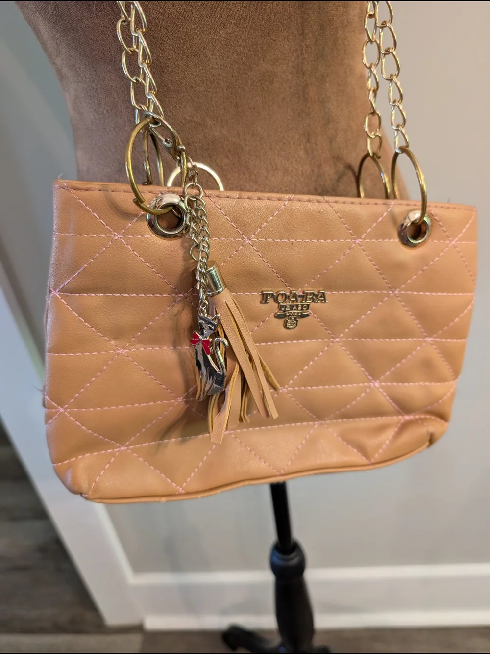 Quilted Tan Chain-Handle Shoulder Bag